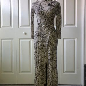 Reformation snake print “python” wrap dress with high slit. Size 0.